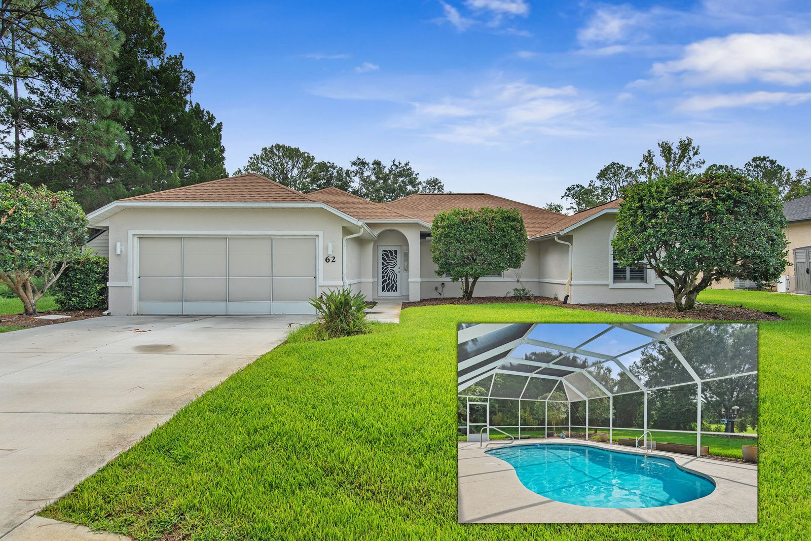 62 Bayside Dr front exterior with pool inset — single-story Palm Coast pool home with two-car garage